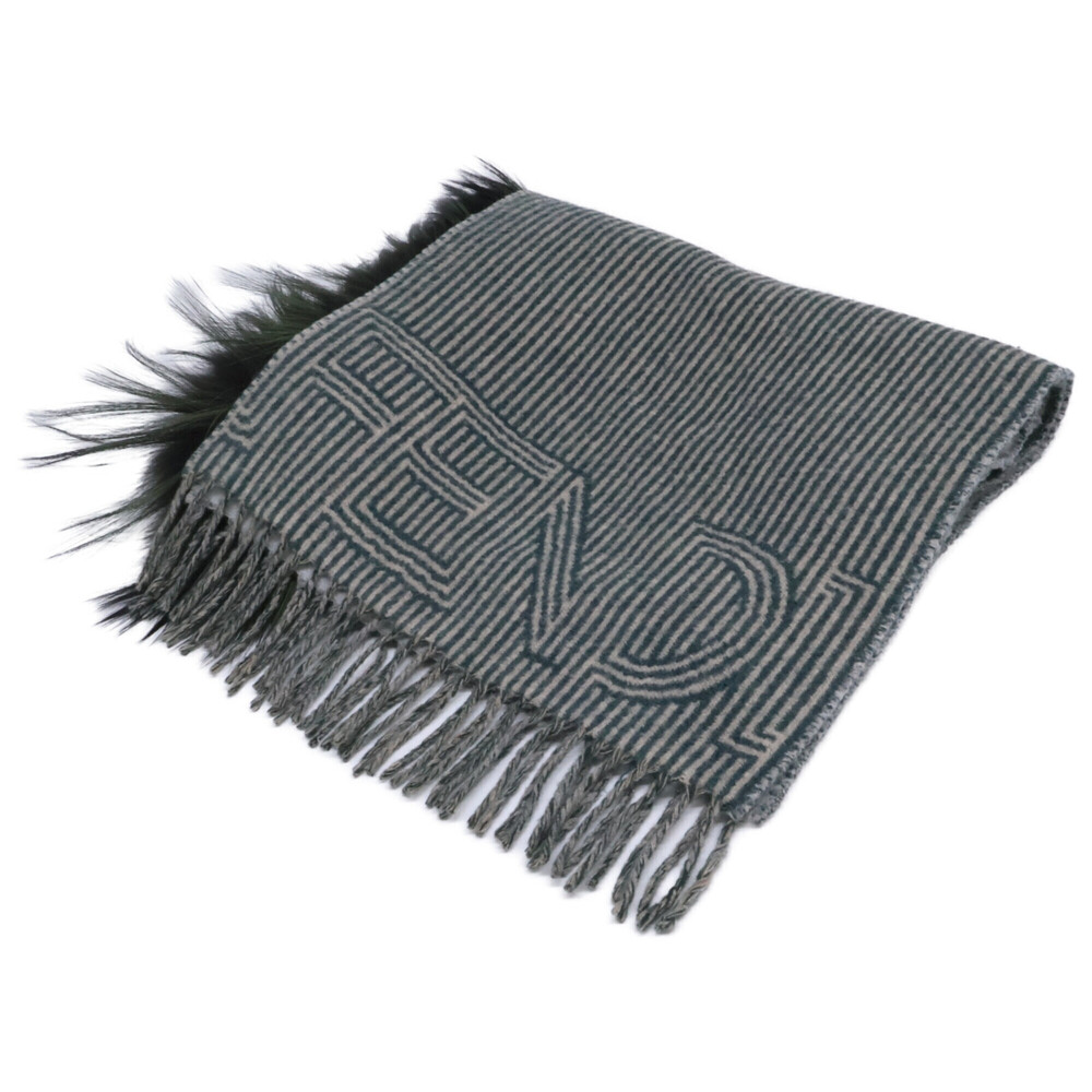 FENDI Silver Fox Fur Striped Fringe Stole/Scarf (Gray/Green) for Women